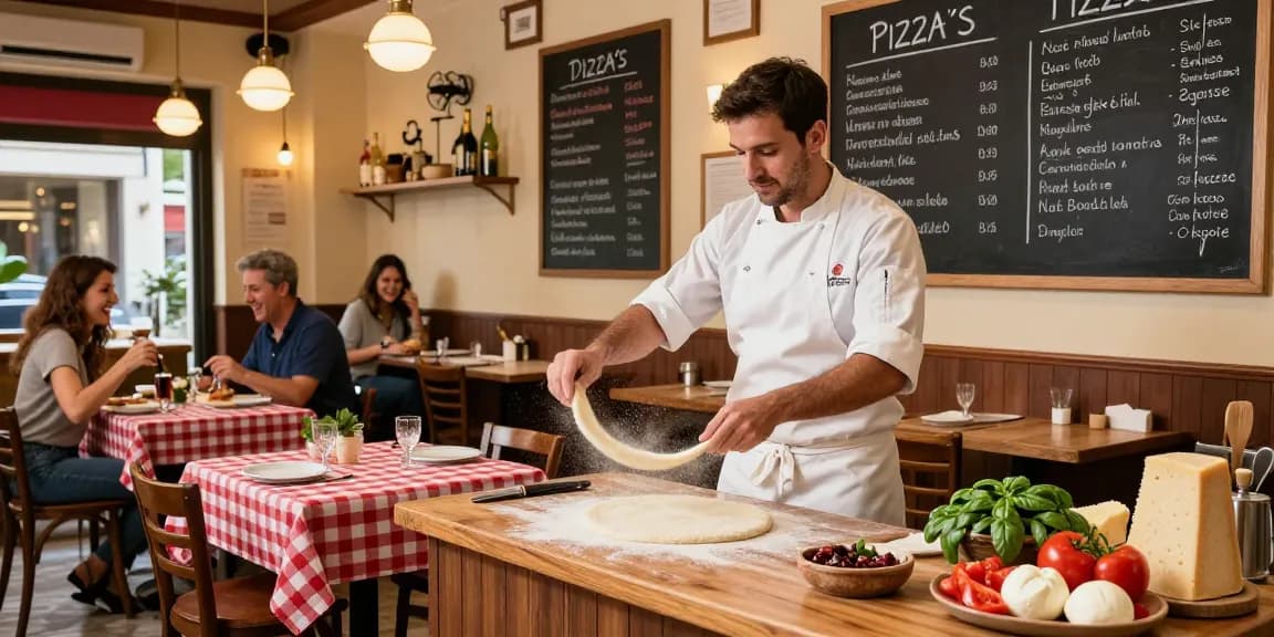 Delicious pg soft Italian pizza dough being tossed in a cozy pizzeria.