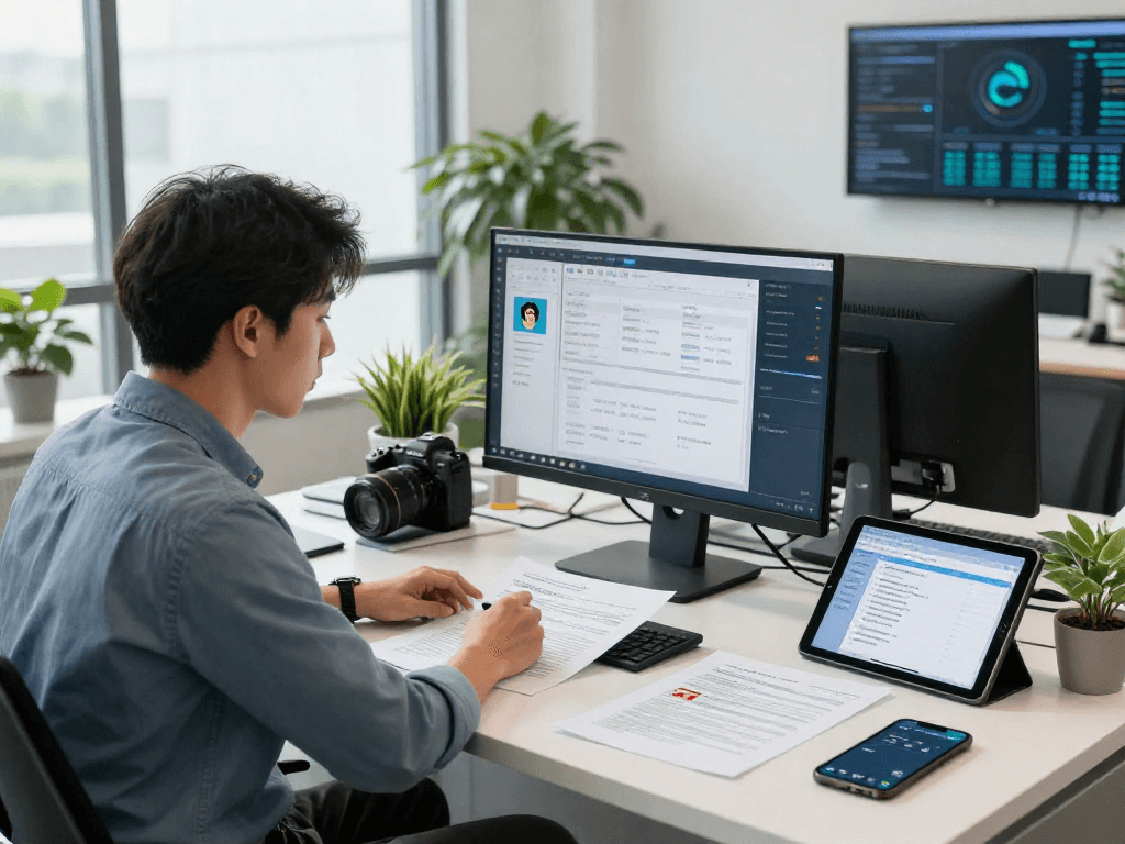 Data analyst at office desk analyzing document fraud detection patterns with high-resolution monitor.